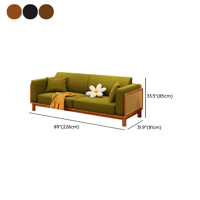 89" Wide Square Arm Sofa 3-Seater Solid Wood Sofa with Rattan Accent