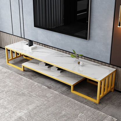 Open Storage Media Console Glass TV Stand Console for Living Room Gold-White Clearhalo 'furn' 'furn_tv_stands_entertainment_centers' 'Furniture' 'Living Room Furniture' 'TV Stands & Entertainment Centers' 'TV Stands & Media Storage Furniture' 'tv_stands_entertainment_centers' 7389843