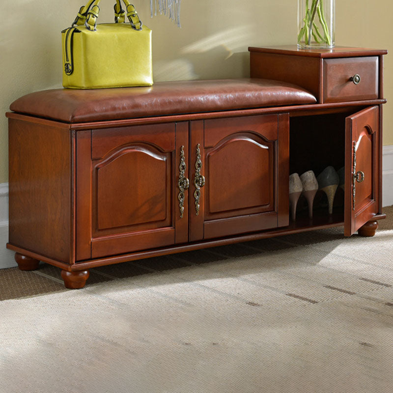 Traditional Entryway Bench Solid Wood Bench with Upholstered , 13.65 Inch W 47"L x 14"W x 24"H Red Brown Clearhalo 'Benches' 'Chairs & Seating' 'furn' 'furn_benches' 'Furniture' 'Living Room Furniture' 7394558