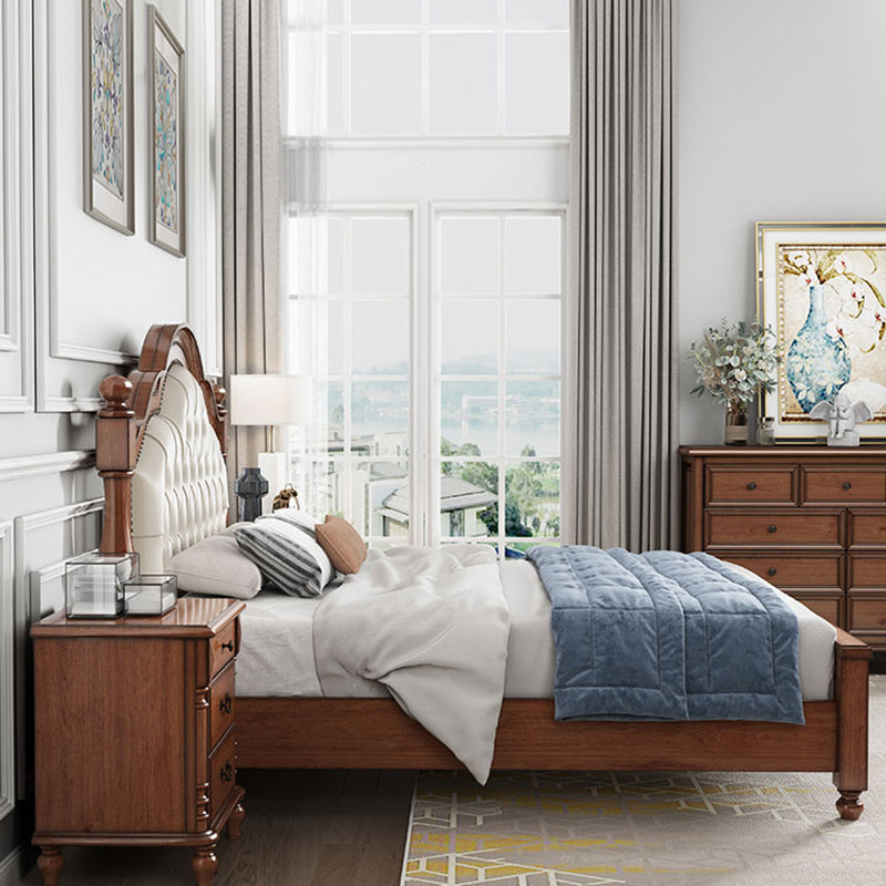 Lit standard moderne du milieu du siècle lit en bois massif avec tête de lit rembourrée