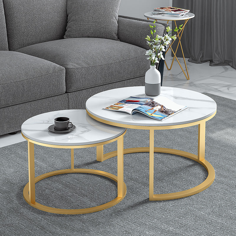 Frame Glam Cocktail Table Stone Round Nesting Coffee Table Set 31.5"L x 31.5"W x 18"H + 24"L x 24"W x 18"H Gloss White Gold Clearhalo 'Coffee & Accent Tables' 'Coffee Tables' 'coffee_tables' 'furn' 'furn_coffee_tables' 'Furniture' 'Living Room Furniture' 7398709