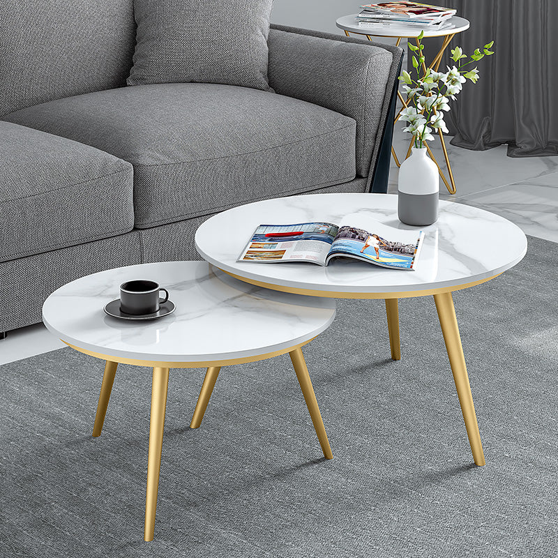 Frame Glam Cocktail Table Stone Round Nesting Coffee Table Set 31.5"L x 31.5"W x 18"H + 24"L x 24"W x 18"H Ivory Gold Clearhalo 'Coffee & Accent Tables' 'Coffee Tables' 'coffee_tables' 'furn' 'furn_coffee_tables' 'Furniture' 'Living Room Furniture' 7398711