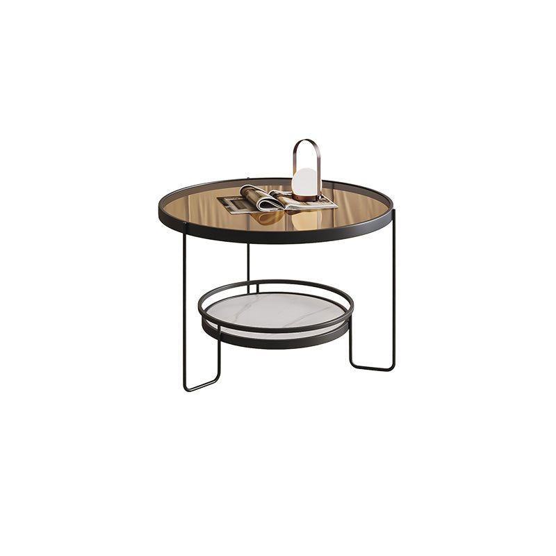 Minimalism Glass Top Coffee Table Round Metal Frame Cocktail Table Black Brown Clearhalo 'Coffee & Accent Tables' 'Coffee Tables' 'coffee_tables' 'furn' 'furn_coffee_tables' 'Furniture' 'Living Room Furniture' 7398763