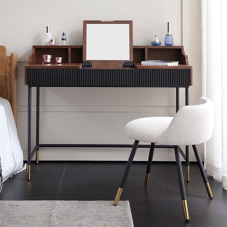 Contemporary Flip Single Wood Vanity with Padded Stool Lighted Mirror Vanity Desk Makeup Vanity & Stools Clearhalo 'Bedroom Furniture' 'furn' 'furn_makeup_vanities' 'Furniture' 'Makeup Vanities' 'makeup_vanities' 7400829