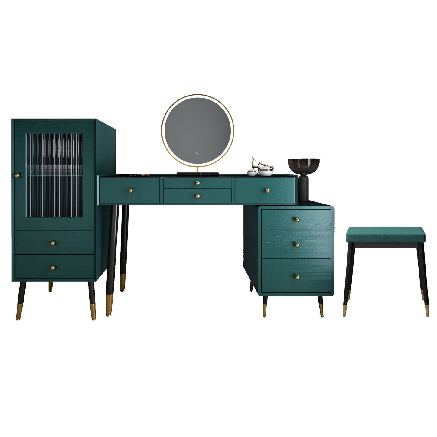 ベッドルーム用の鏡とスツールのあるモダンなソリッドウッドバニティドレッシングテーブル