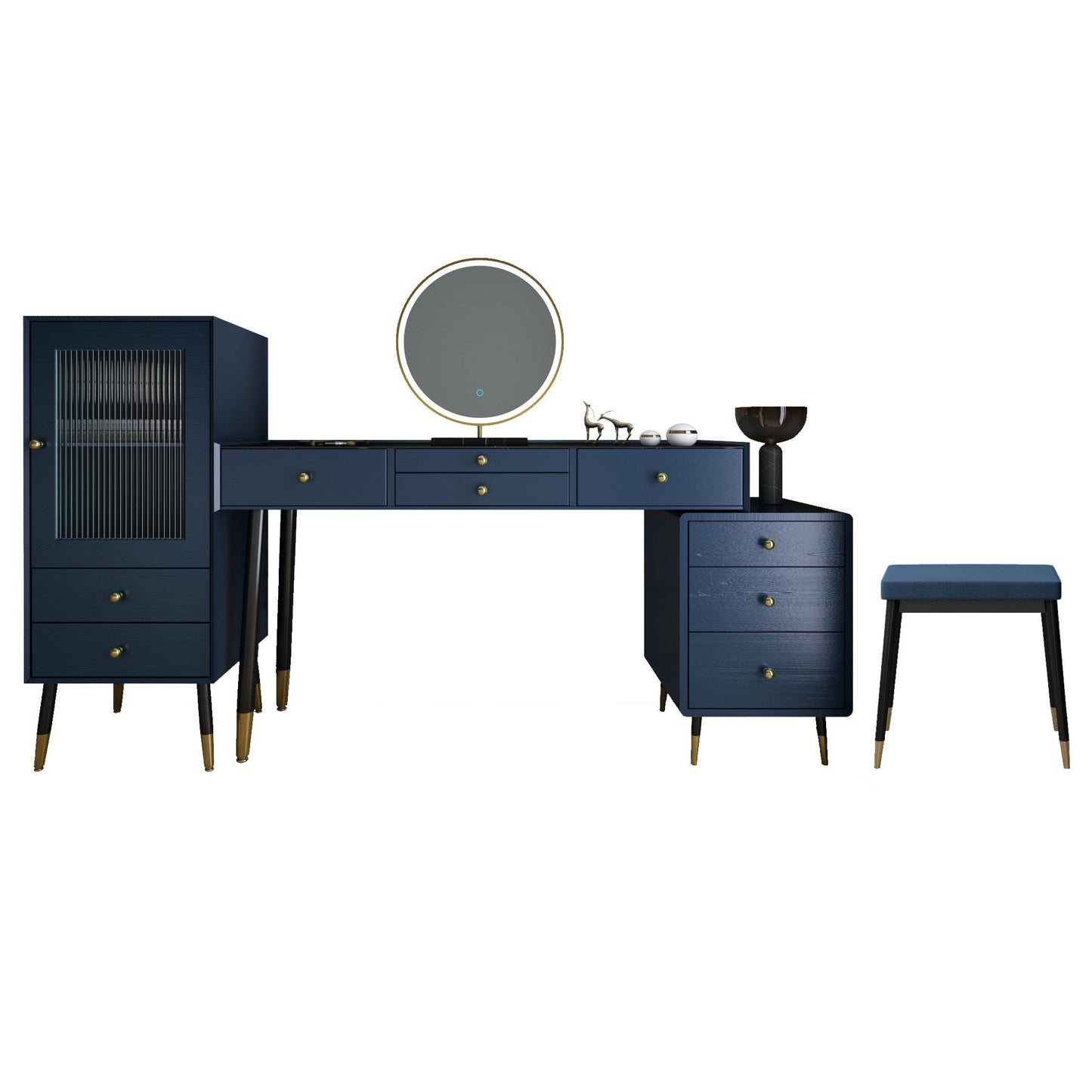 ベッドルーム用の鏡とスツールのあるモダンなソリッドウッドバニティドレッシングテーブル