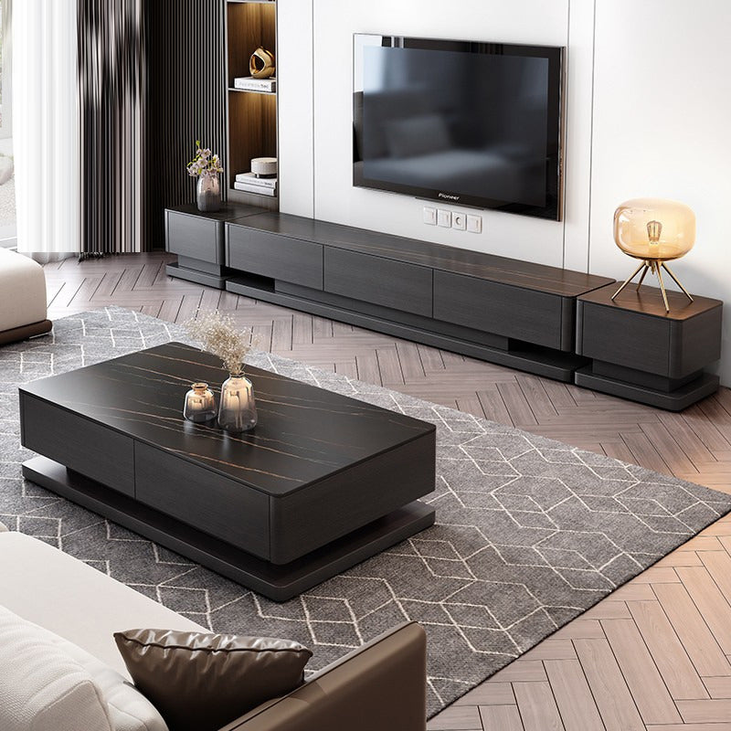 Black Stone TV Stand Console Contemporary TV Media with 3 Drawers Clearhalo 'furn' 'furn_tv_stands_entertainment_centers' 'Furniture' 'Living Room Furniture' 'TV Stands & Entertainment Centers' 'TV Stands & Media Storage Furniture' 'tv_stands_entertainment_centers' 7403474