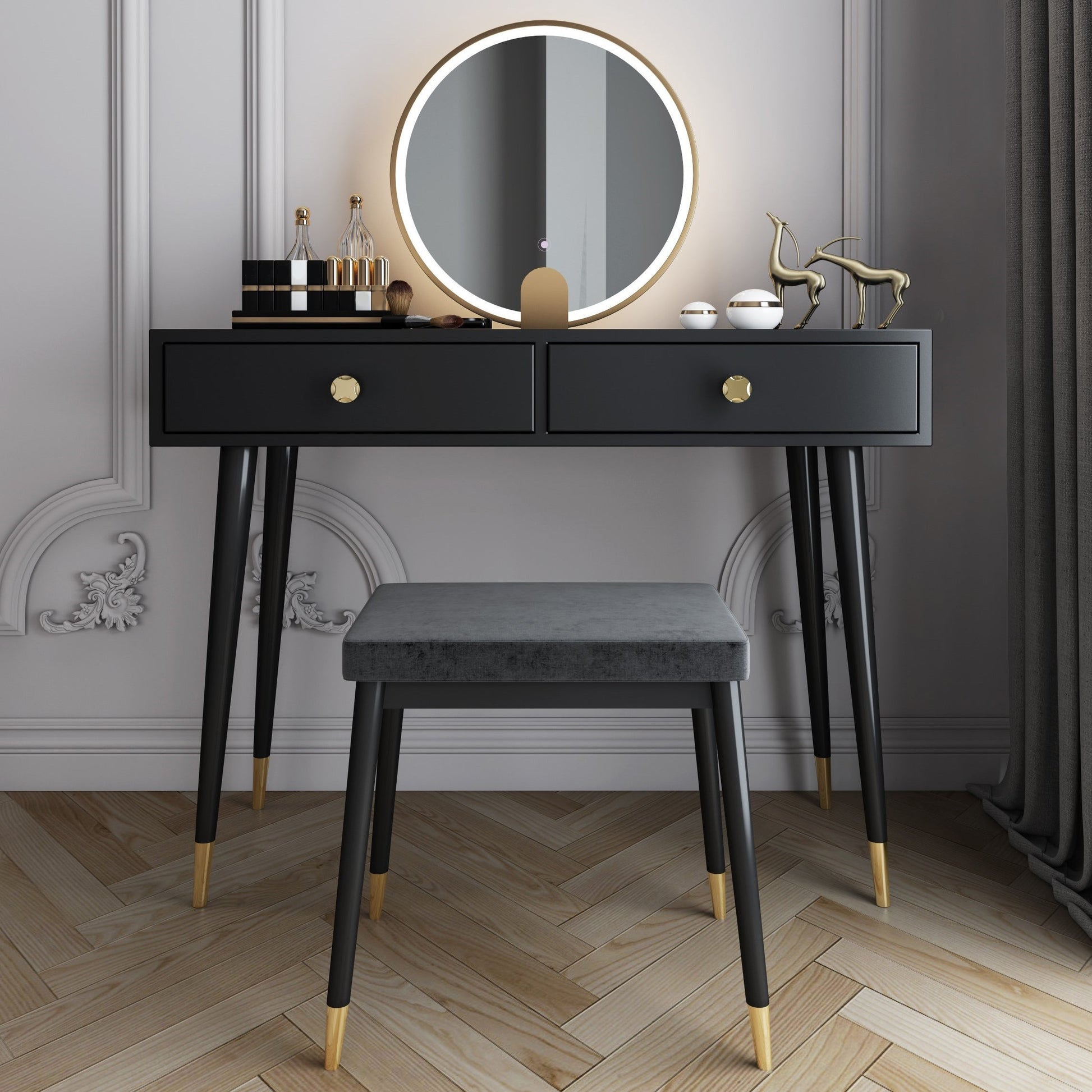 Modern Solid Wood Vanity Dressing Table with Mirror and Stool Clearhalo 'Bedroom Furniture' 'furn' 'furn_makeup_vanities' 'Furniture' 'Makeup Vanities' 'makeup_vanities' 7404972