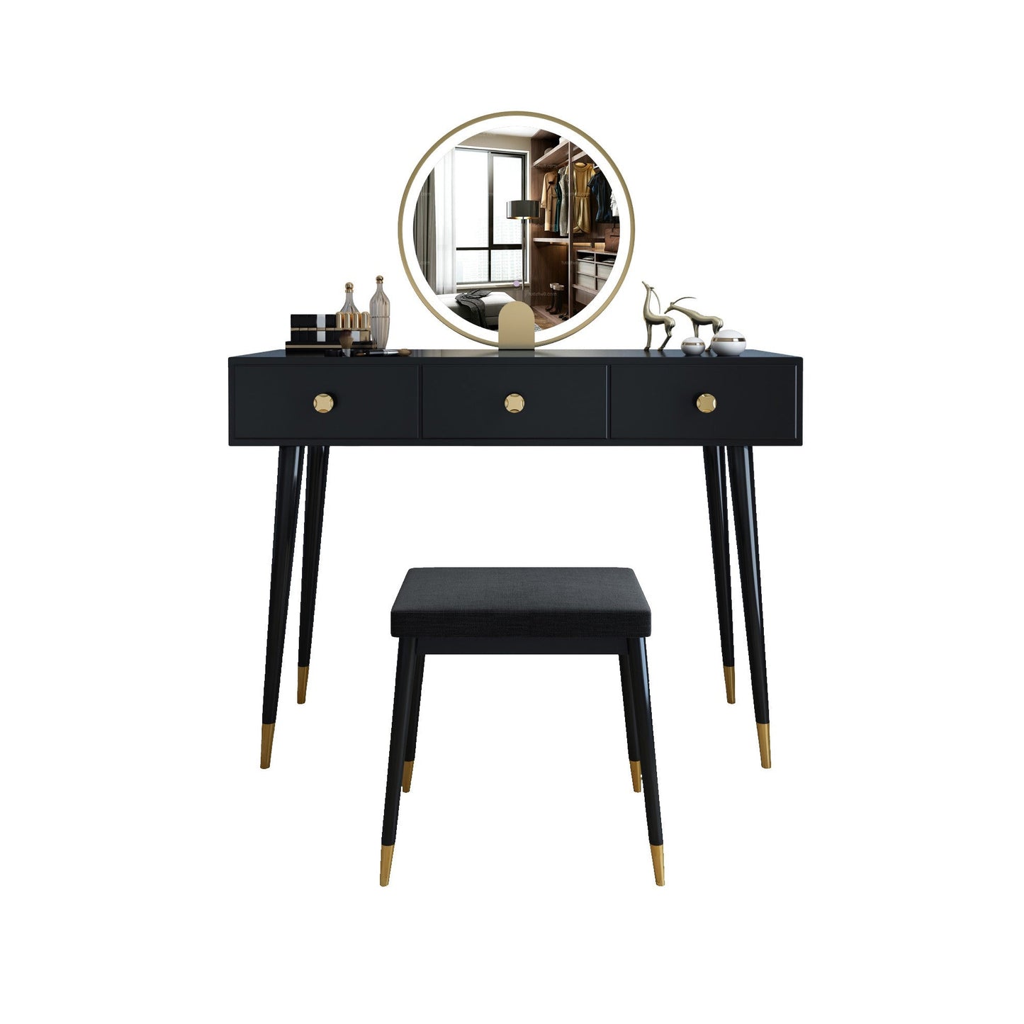 Modern Solid Wood Vanity Dressing Table with Mirror and Stool Makeup Vanity & Mirror & Stools 39"L x 16"W x 30"H Black Clearhalo 'Bedroom Furniture' 'furn' 'furn_makeup_vanities' 'Furniture' 'Makeup Vanities' 'makeup_vanities' 7404973