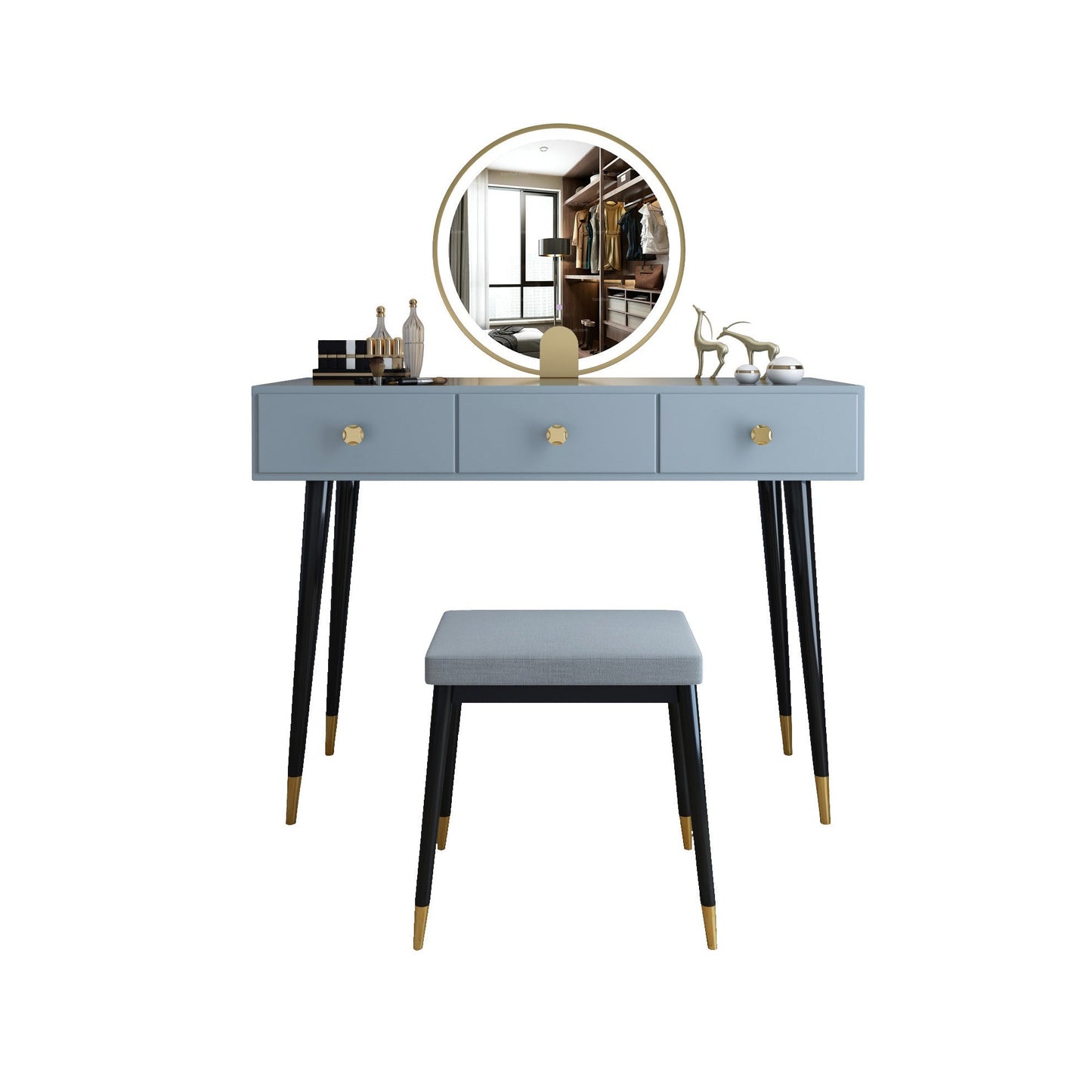 Modern Solid Wood Vanity Dressing Table with Mirror and Stool Makeup Vanity & Mirror & Stools 39"L x 16"W x 30"H Grey Clearhalo 'Bedroom Furniture' 'furn' 'furn_makeup_vanities' 'Furniture' 'Makeup Vanities' 'makeup_vanities' 7404974