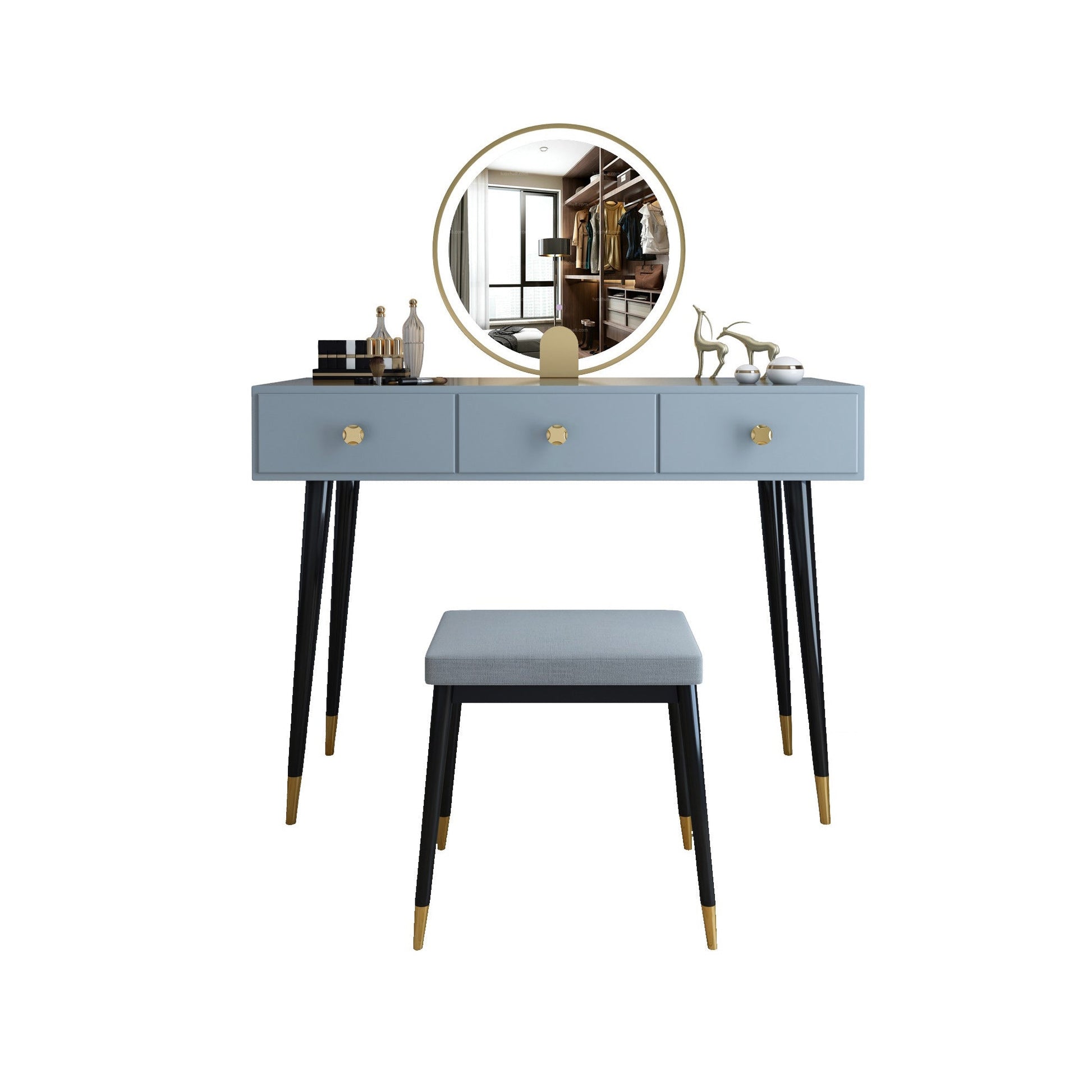 Modern Solid Wood Vanity Dressing Table with Mirror and Stool Makeup Vanity & Mirror & Stools 39"L x 16"W x 30"H Grey Clearhalo 'Bedroom Furniture' 'furn' 'furn_makeup_vanities' 'Furniture' 'Makeup Vanities' 'makeup_vanities' 7404974