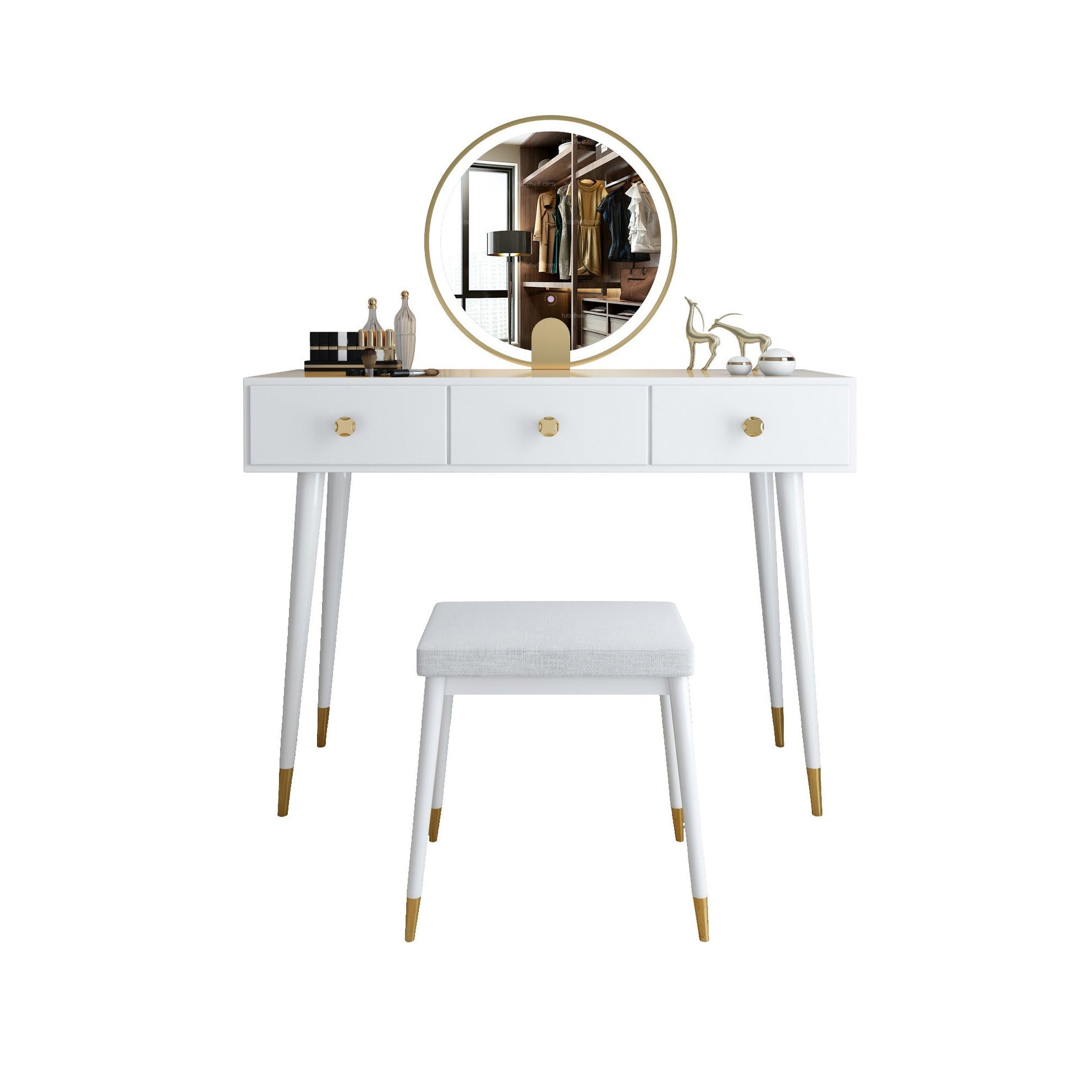 Modern Solid Wood Vanity Dressing Table with Mirror and Stool Makeup Vanity & Mirror & Stools 39"L x 16"W x 30"H White Clearhalo 'Bedroom Furniture' 'furn' 'furn_makeup_vanities' 'Furniture' 'Makeup Vanities' 'makeup_vanities' 7404976