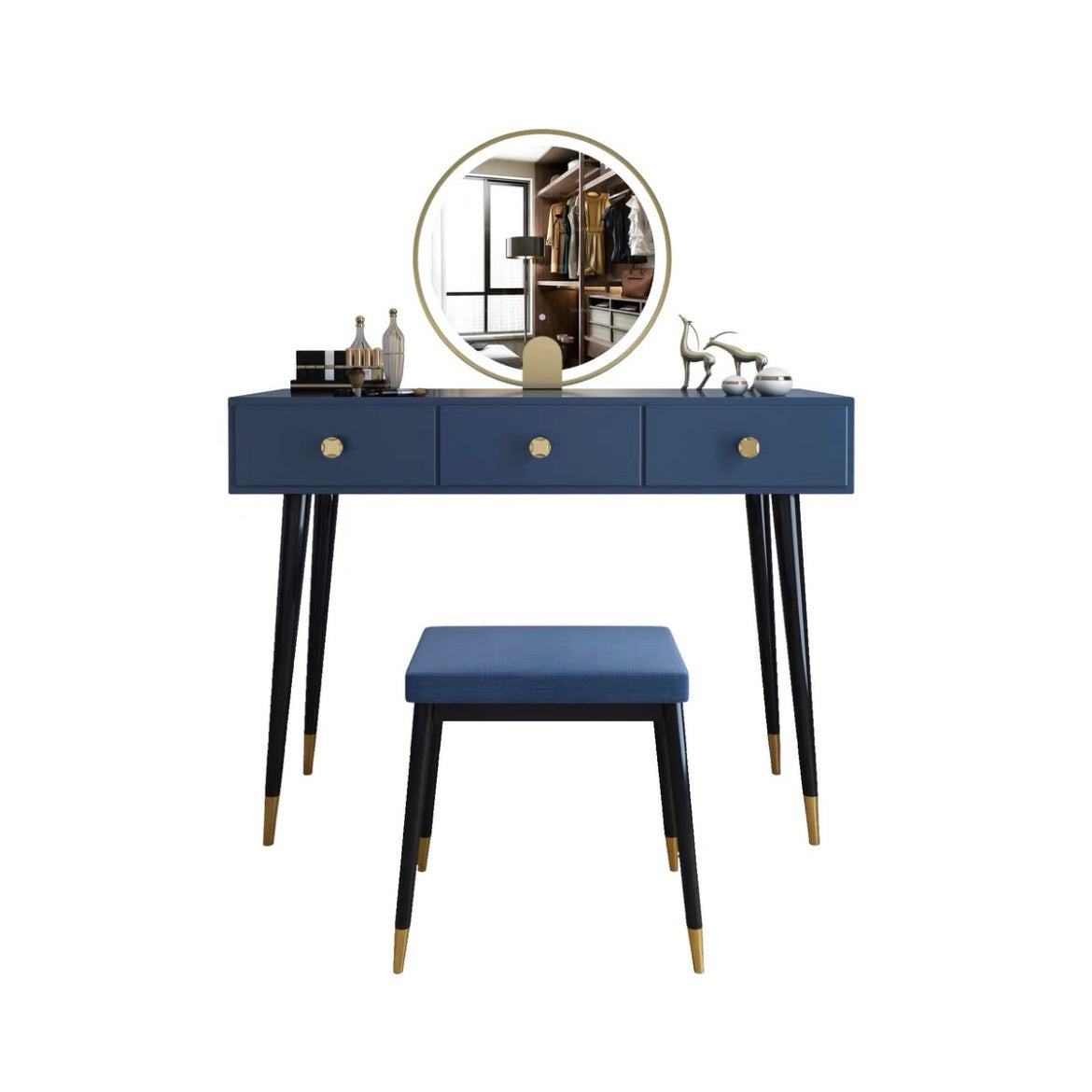 Modern Solid Wood Vanity Dressing Table with Mirror and Stool Makeup Vanity & Mirror & Stools 39"L x 16"W x 30"H Blue Clearhalo 'Bedroom Furniture' 'furn' 'furn_makeup_vanities' 'Furniture' 'Makeup Vanities' 'makeup_vanities' 7404979