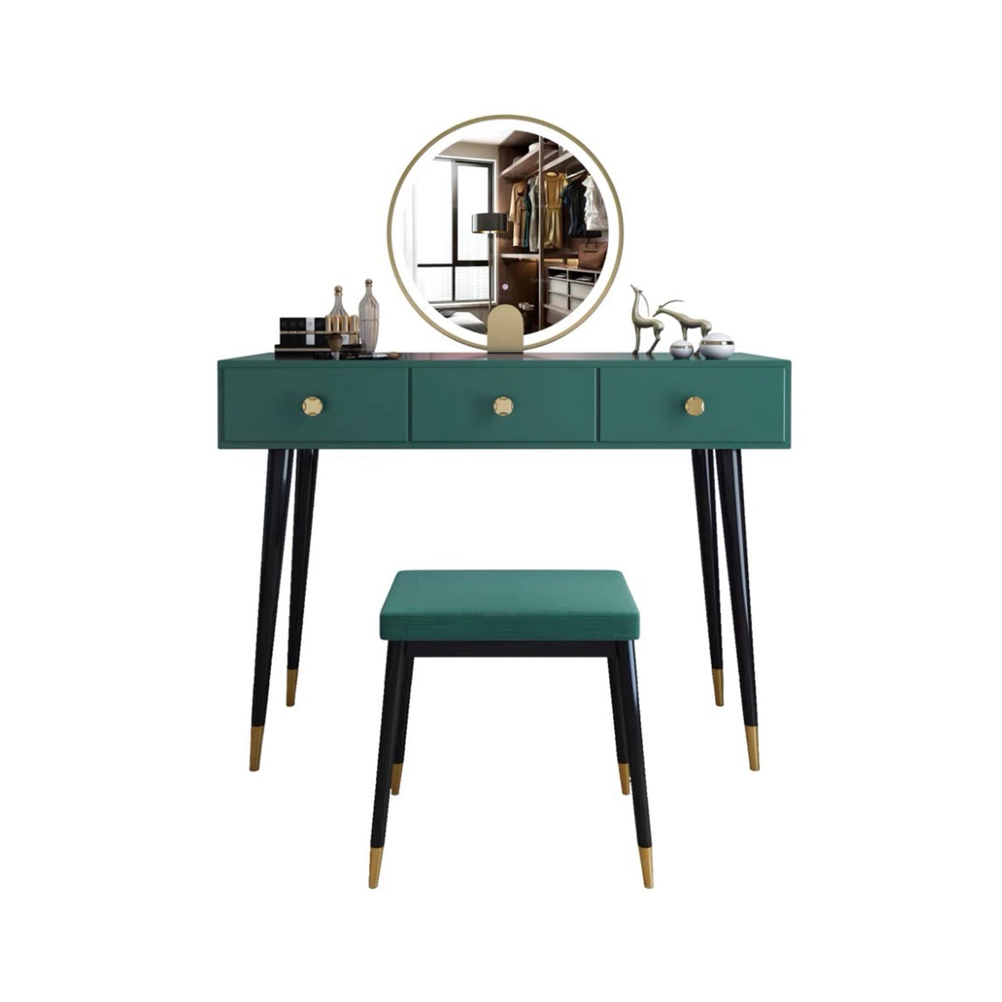 Modern Solid Wood Vanity Dressing Table with Mirror and Stool Makeup Vanity & Mirror & Stools 39"L x 16"W x 30"H Green Clearhalo 'Bedroom Furniture' 'furn' 'furn_makeup_vanities' 'Furniture' 'Makeup Vanities' 'makeup_vanities' 7404980