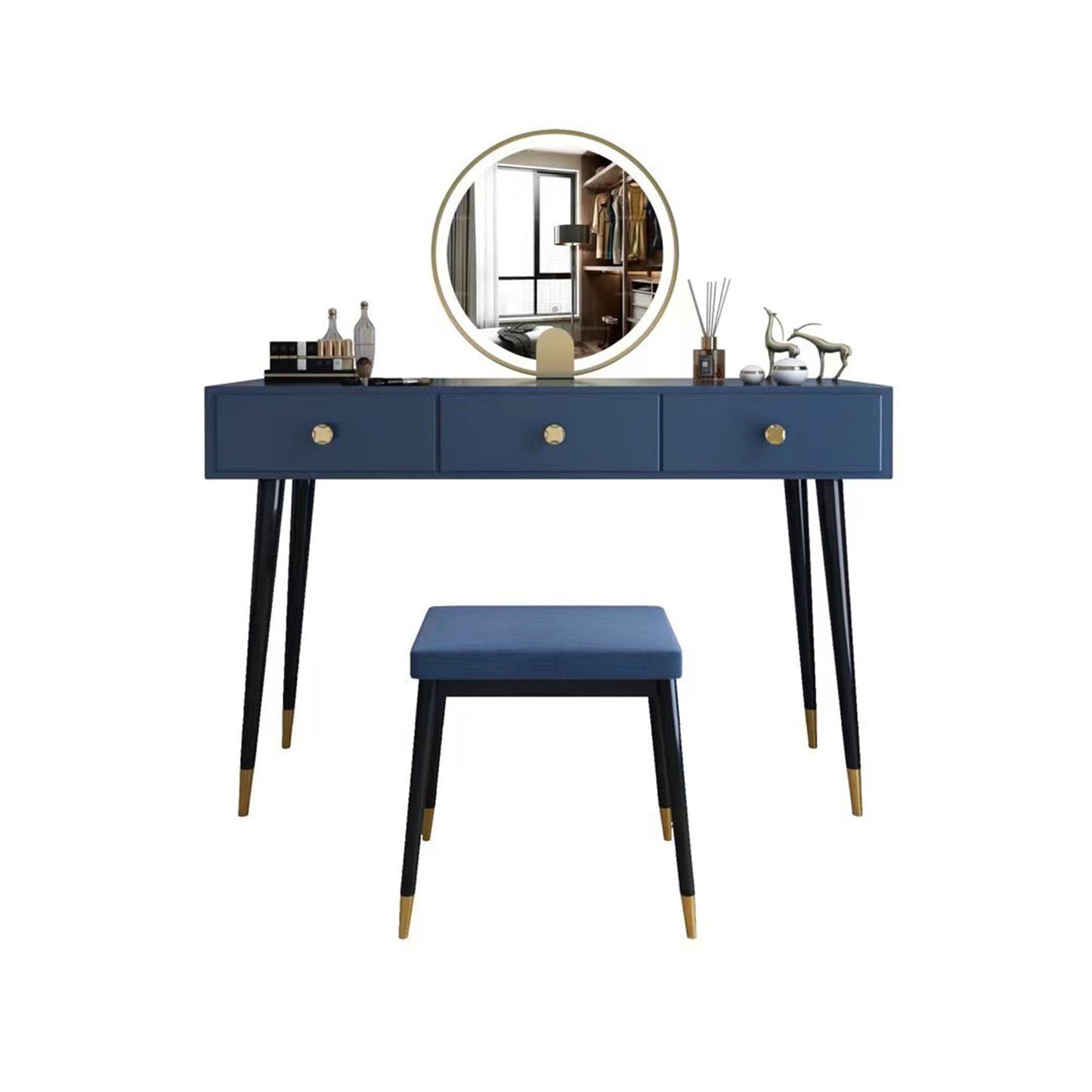 Modern Solid Wood Vanity Dressing Table with Mirror and Stool Makeup Vanity & Mirror & Stools 47"L x 16"W x 30"H Blue Clearhalo 'Bedroom Furniture' 'furn' 'furn_makeup_vanities' 'Furniture' 'Makeup Vanities' 'makeup_vanities' 7404985