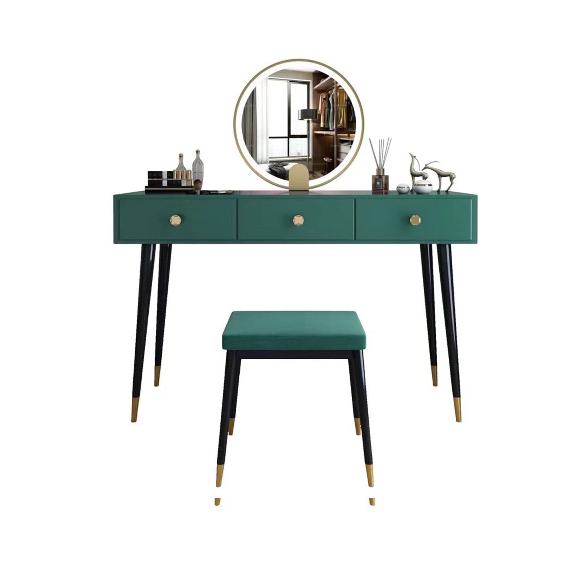 Modern Solid Wood Vanity Dressing Table with Mirror and Stool Makeup Vanity & Mirror & Stools 47"L x 16"W x 30"H Green Clearhalo 'Bedroom Furniture' 'furn' 'furn_makeup_vanities' 'Furniture' 'Makeup Vanities' 'makeup_vanities' 7404987