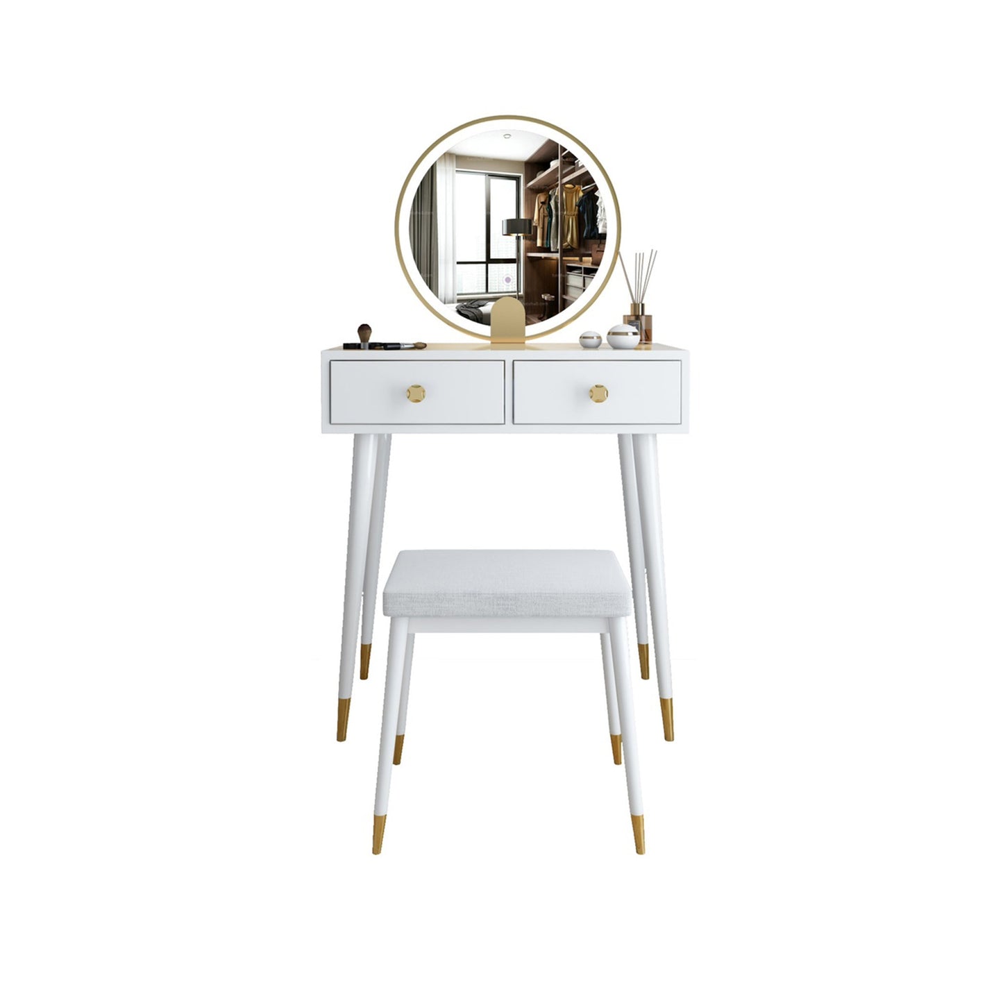 Modern Solid Wood Vanity Dressing Table with Mirror and Stool Makeup Vanity & Mirror & Stools 24"L x 16"W x 30"H White Clearhalo 'Bedroom Furniture' 'furn' 'furn_makeup_vanities' 'Furniture' 'Makeup Vanities' 'makeup_vanities' 7404990