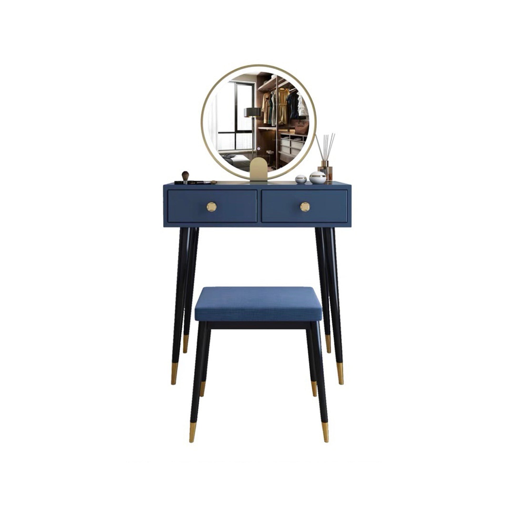 Modern Solid Wood Vanity Dressing Table with Mirror and Stool Makeup Vanity & Mirror & Stools 24"L x 16"W x 30"H Blue Clearhalo 'Bedroom Furniture' 'furn' 'furn_makeup_vanities' 'Furniture' 'Makeup Vanities' 'makeup_vanities' 7404992