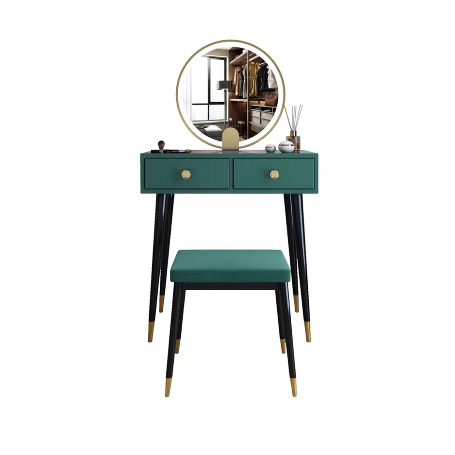 Modern Solid Wood Vanity Dressing Table with Mirror and Stool Makeup Vanity & Mirror & Stools 24"L x 16"W x 30"H Green Clearhalo 'Bedroom Furniture' 'furn' 'furn_makeup_vanities' 'Furniture' 'Makeup Vanities' 'makeup_vanities' 7404993