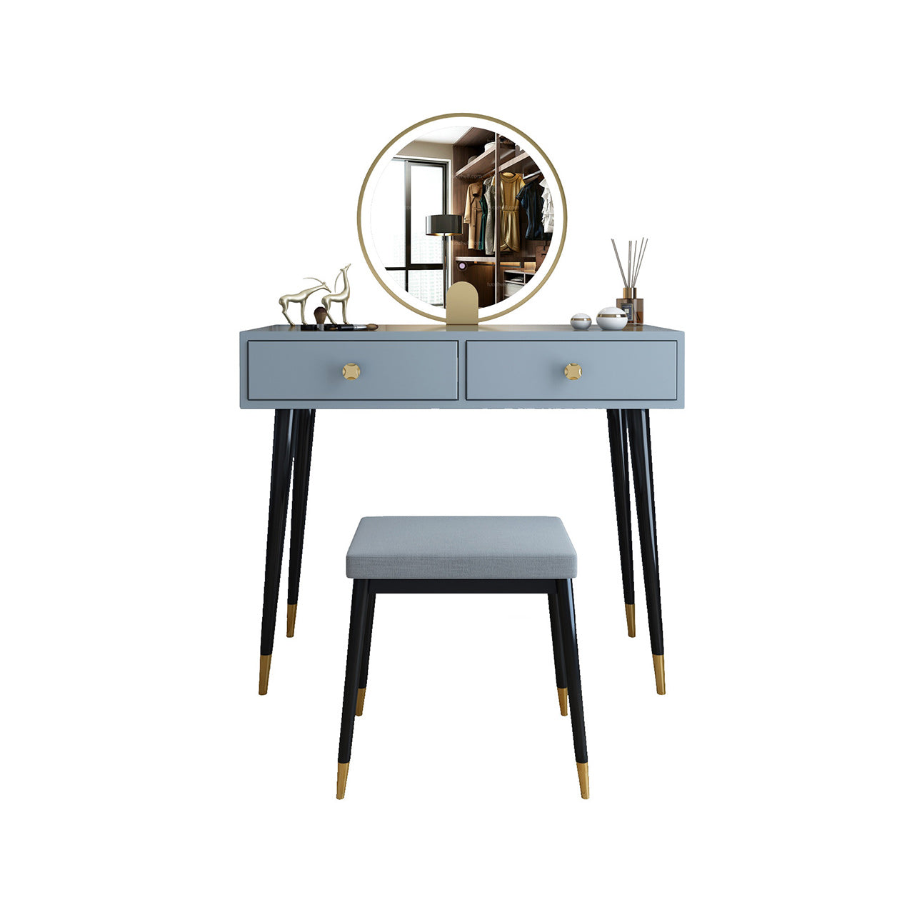 Modern Solid Wood Vanity Dressing Table with Mirror and Stool Makeup Vanity & Mirror & Stools 31"L x 16"W x 30"H Grey Clearhalo 'Bedroom Furniture' 'furn' 'furn_makeup_vanities' 'Furniture' 'Makeup Vanities' 'makeup_vanities' 7404995