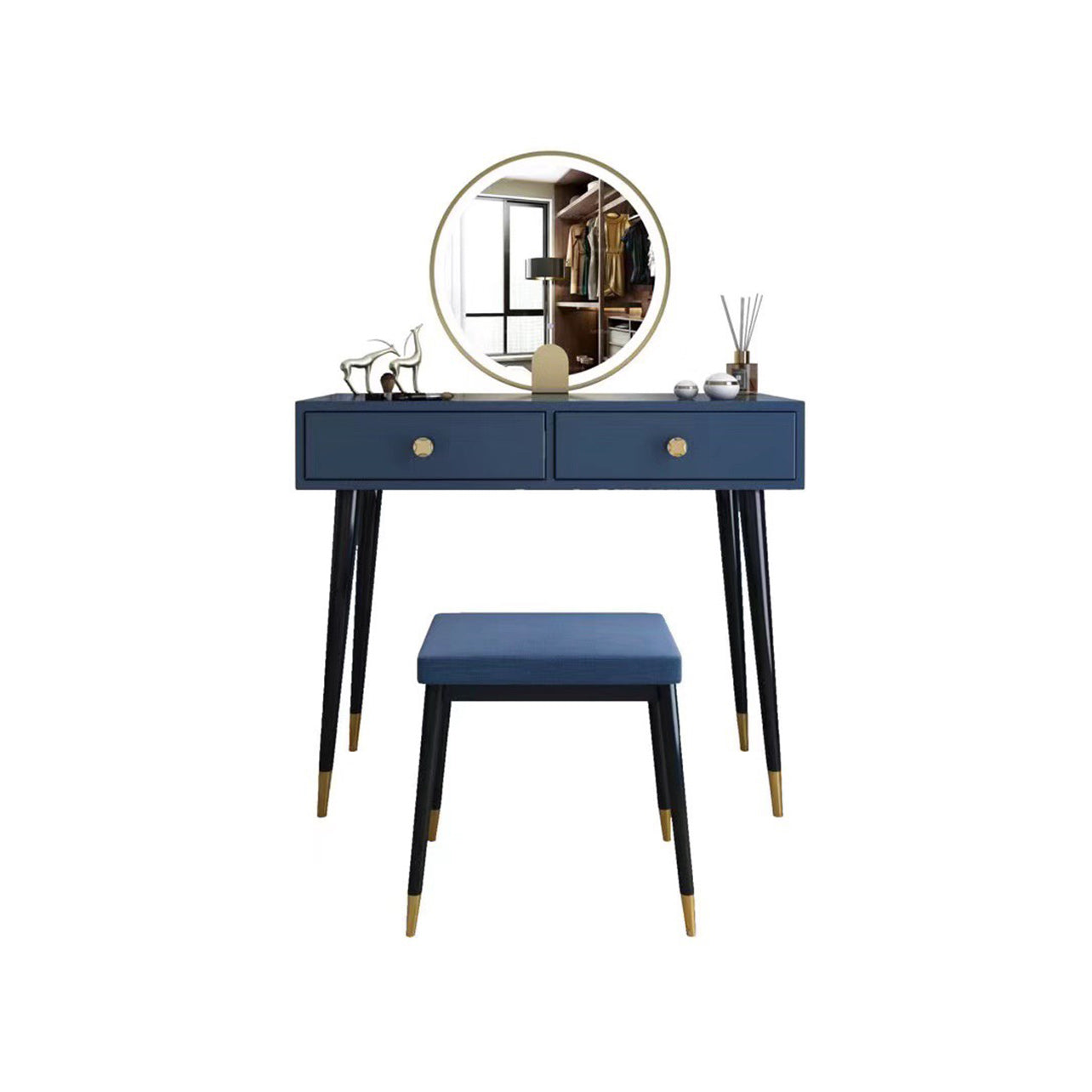 Modern Solid Wood Vanity Dressing Table with Mirror and Stool Makeup Vanity & Mirror & Stools 31"L x 16"W x 30"H Blue Clearhalo 'Bedroom Furniture' 'furn' 'furn_makeup_vanities' 'Furniture' 'Makeup Vanities' 'makeup_vanities' 7404997