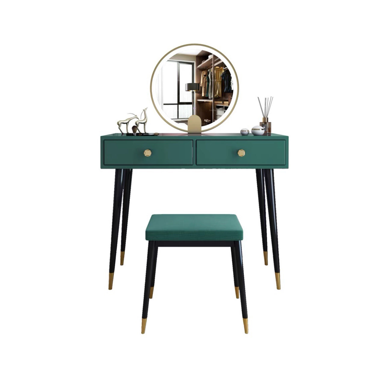 Modern Solid Wood Vanity Dressing Table with Mirror and Stool Makeup Vanity & Mirror & Stools 31"L x 16"W x 30"H Green Clearhalo 'Bedroom Furniture' 'furn' 'furn_makeup_vanities' 'Furniture' 'Makeup Vanities' 'makeup_vanities' 7404998