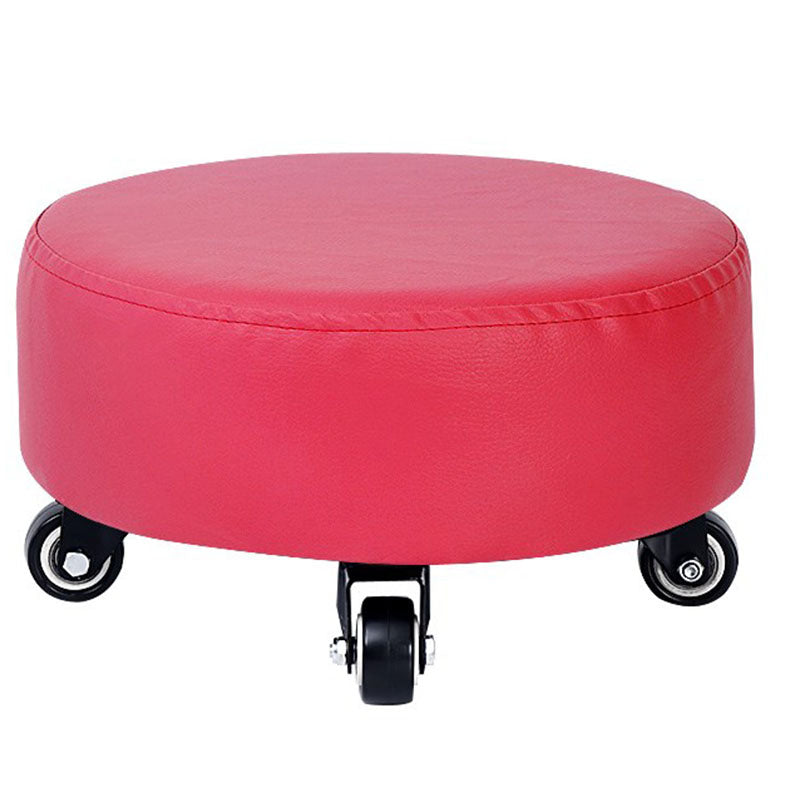 Modern Pouf Ottoman Faux Leather Upholstered Solid Color Round Ottoman with Wheels Casters Rose Red 1 Piece Clearhalo 'furn' 'furn_ottomans_poufs' 'Furniture' 'Living Room Furniture' 'Ottomans & Poufs' 'ottomans_poufs' 7408219