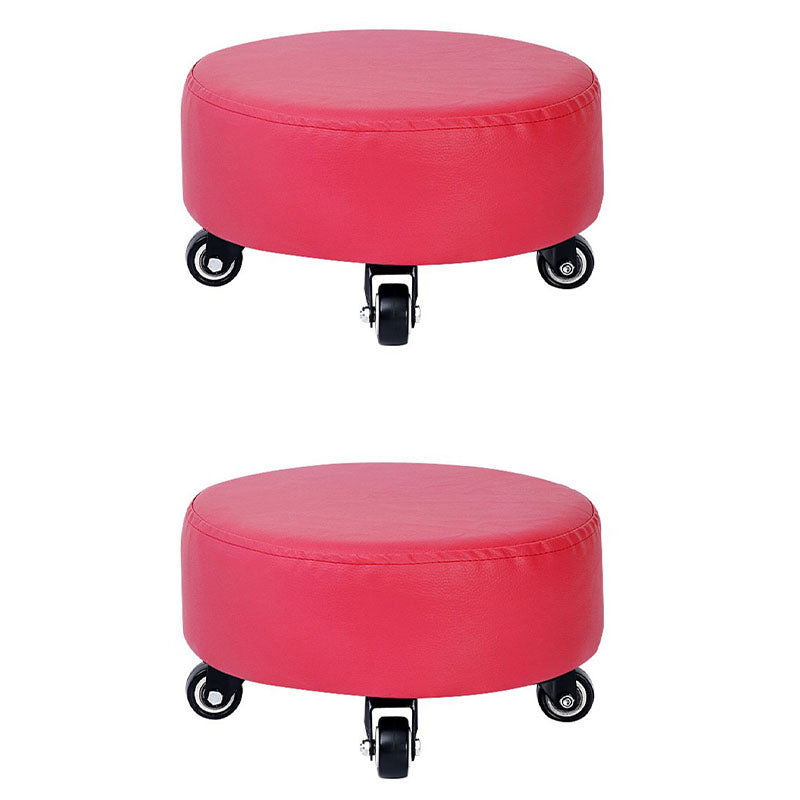 Modern Pouf Ottoman Faux Leather Upholstered Solid Color Round Ottoman with Wheels Casters Rose Red 2 Piece Set Clearhalo 'furn' 'furn_ottomans_poufs' 'Furniture' 'Living Room Furniture' 'Ottomans & Poufs' 'ottomans_poufs' 7408268
