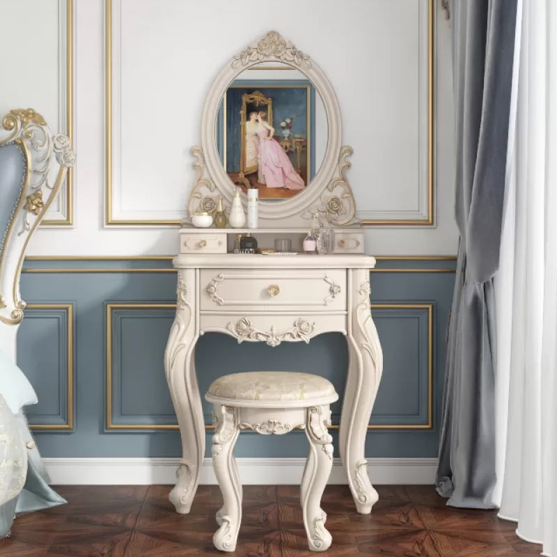 Victorian Bedroom Makeup Vanity Desk Table White Vanity Dressing Table Makeup Vanity & Mirror & Stools 24"L x 16"W x 35"H Oval Clearhalo 'Bedroom Furniture' 'furn' 'furn_makeup_vanities' 'Furniture' 'Makeup Vanities' 'makeup_vanities' 7408635