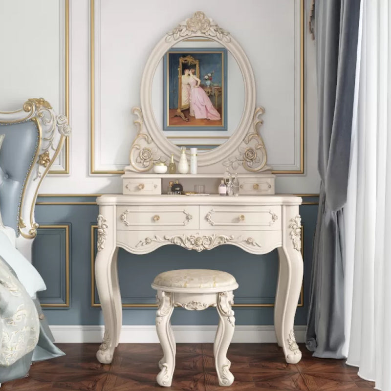 Victorian Bedroom Makeup Vanity Desk Table White Vanity Dressing Table Makeup Vanity & Mirror & Stools 31"L x 16"W x 35"H Oval Clearhalo 'Bedroom Furniture' 'furn' 'furn_makeup_vanities' 'Furniture' 'Makeup Vanities' 'makeup_vanities' 7408636