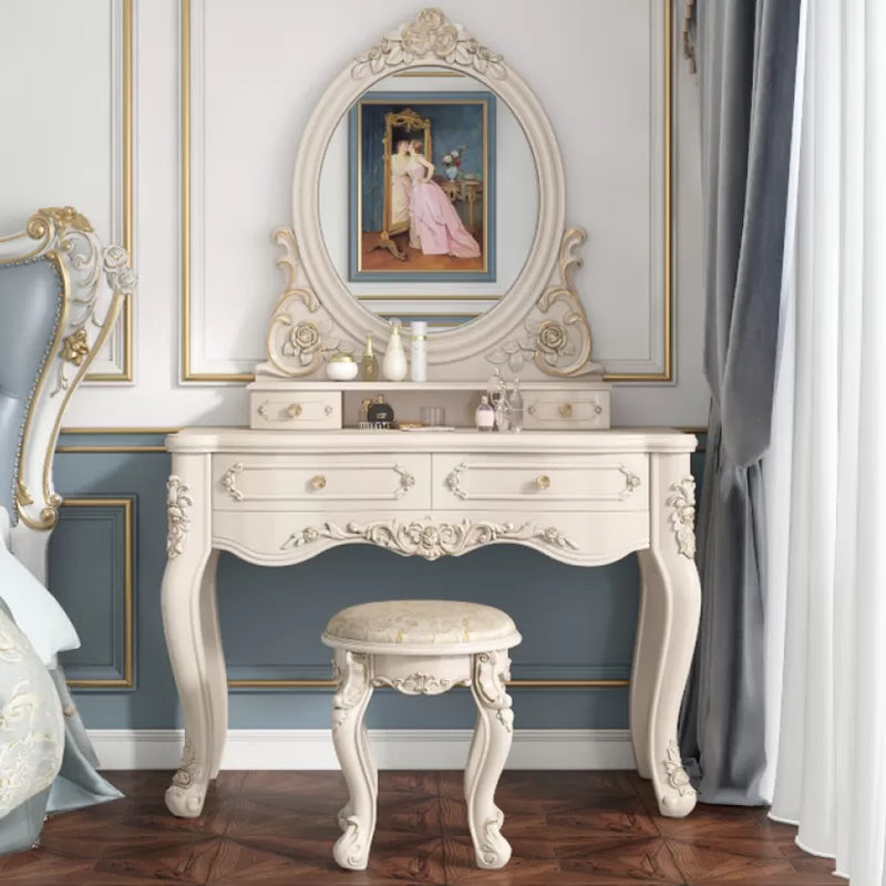 Victorian Bedroom Makeup Vanity Desk Table White Vanity Dressing Table Makeup Vanity & Mirror & Stools 39"L x 16"W x 35"H Oval Clearhalo 'Bedroom Furniture' 'furn' 'furn_makeup_vanities' 'Furniture' 'Makeup Vanities' 'makeup_vanities' 7408638