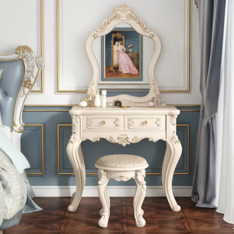 Victorian Bedroom Makeup Vanity Desk Table White Vanity Dressing Table Makeup Vanity & Mirror & Stools 31"L x 16"W x 35"H Pentagram Clearhalo 'Bedroom Furniture' 'furn' 'furn_makeup_vanities' 'Furniture' 'Makeup Vanities' 'makeup_vanities' 7408640
