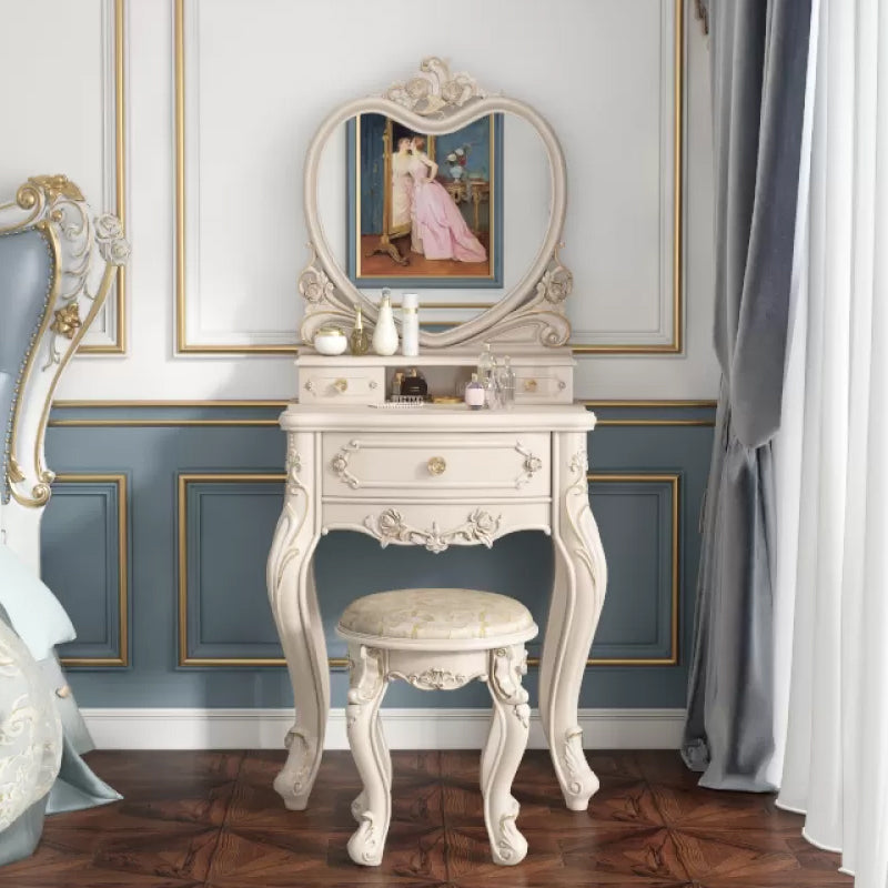 Victorian Bedroom Makeup Vanity Desk Table White Vanity Dressing Table Makeup Vanity & Mirror & Stools 24"L x 16"W x 35"H Hearts Clearhalo 'Bedroom Furniture' 'furn' 'furn_makeup_vanities' 'Furniture' 'Makeup Vanities' 'makeup_vanities' 7408642