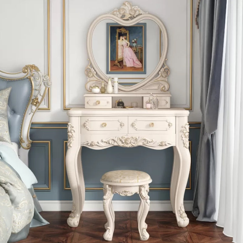 Victorian Bedroom Makeup Vanity Desk Table White Vanity Dressing Table Makeup Vanity & Mirror & Stools 31"L x 16"W x 35"H Hearts Clearhalo 'Bedroom Furniture' 'furn' 'furn_makeup_vanities' 'Furniture' 'Makeup Vanities' 'makeup_vanities' 7408644