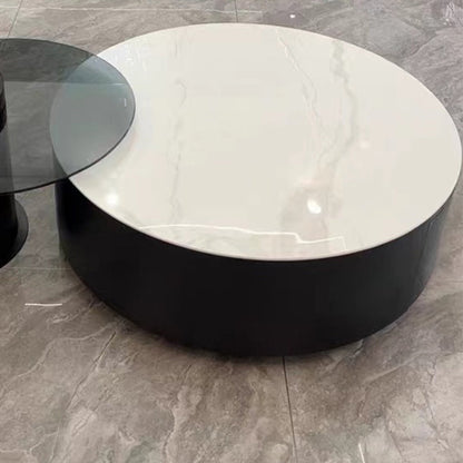 Round Nesting Coffee Table Pedestal Stone Cocktail Table with Drawer White-Gray Clearhalo 'Coffee & Accent Tables' 'Coffee Tables' 'coffee_tables' 'furn' 'furn_coffee_tables' 'Furniture' 'Living Room Furniture' 7410761