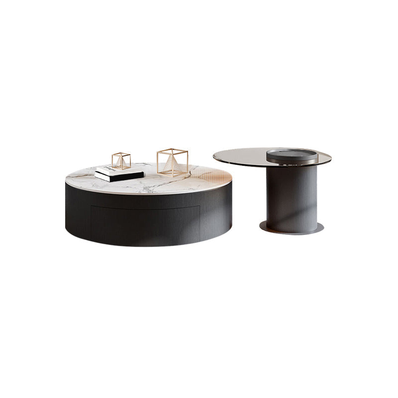 Round Nesting Coffee Table Pedestal Stone Cocktail Table with Drawer White-Gray 2 Clearhalo 'Coffee & Accent Tables' 'Coffee Tables' 'coffee_tables' 'furn' 'furn_coffee_tables' 'Furniture' 'Living Room Furniture' 7410762