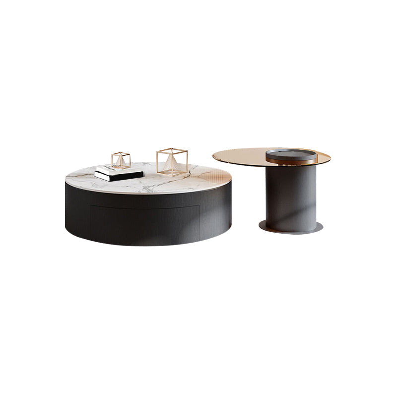 Round Nesting Coffee Table Pedestal Stone Cocktail Table with Drawer White-Brown 1 Clearhalo 'Coffee & Accent Tables' 'Coffee Tables' 'coffee_tables' 'furn' 'furn_coffee_tables' 'Furniture' 'Living Room Furniture' 7410766