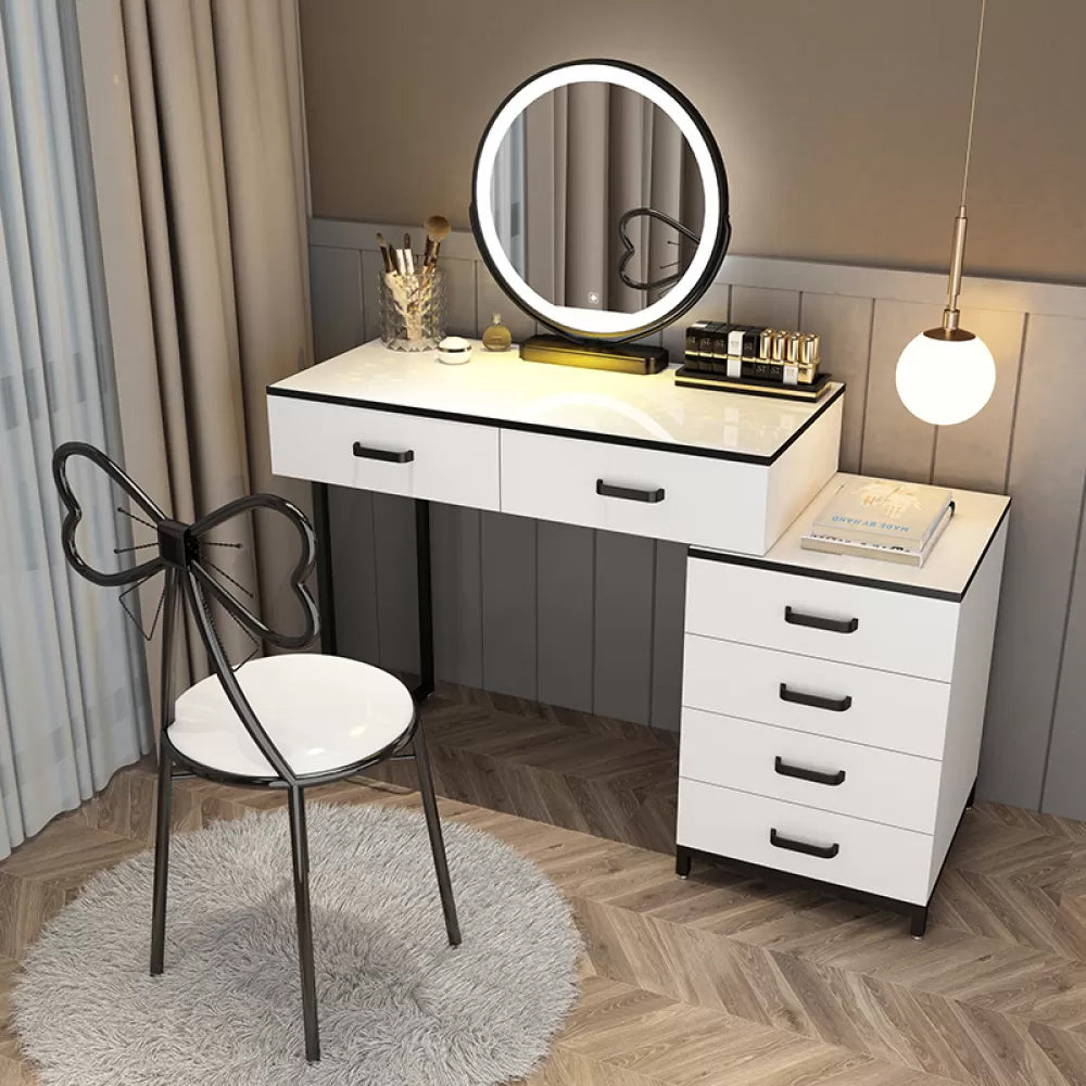 Modern Dressing Table Bedroom Stone Lighted Mirror Make-up Vanity Makeup Vanity & Mirror & Stools 31"L x 16"W x 30"H Black Clearhalo 'Bedroom Furniture' 'furn' 'furn_makeup_vanities' 'Furniture' 'Makeup Vanities' 'makeup_vanities' 7412671