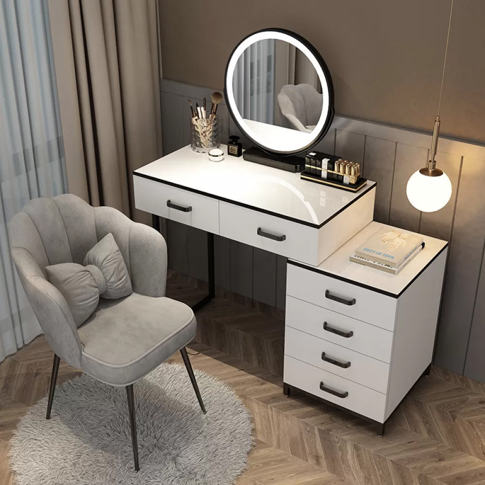 Modern Dressing Table Bedroom Stone Lighted Mirror Make-up Vanity Makeup Vanity & Mirror & Stools 31"L x 16"W x 30"H Gray Clearhalo 'Bedroom Furniture' 'furn' 'furn_makeup_vanities' 'Furniture' 'Makeup Vanities' 'makeup_vanities' 7412672