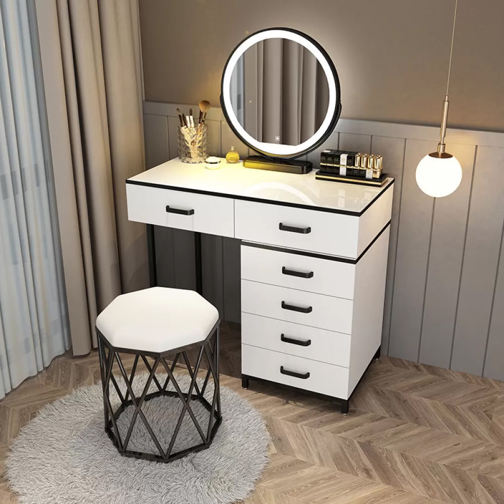 Modern Dressing Table Bedroom Stone Lighted Mirror Make-up Vanity Makeup Vanity & Mirror & Stools 31"L x 16"W x 30"H White Clearhalo 'Bedroom Furniture' 'furn' 'furn_makeup_vanities' 'Furniture' 'Makeup Vanities' 'makeup_vanities' 7412675