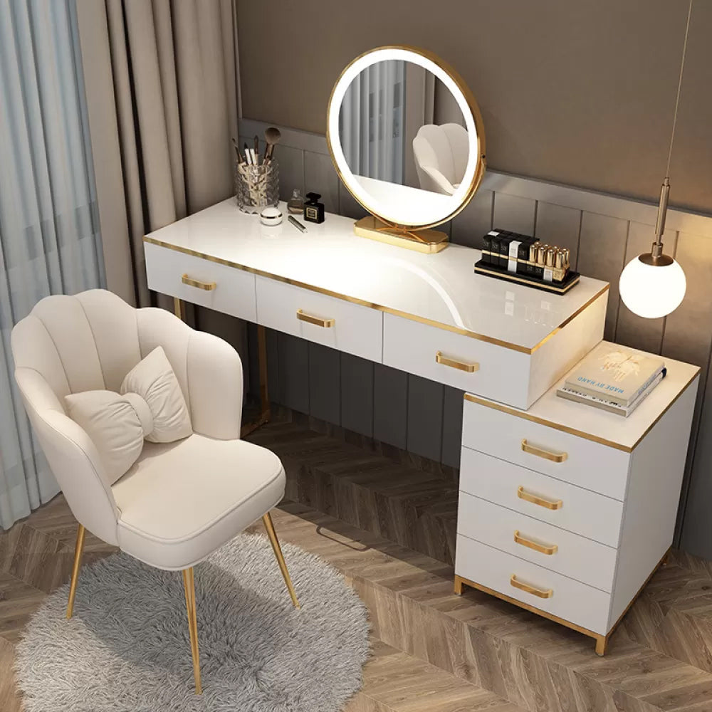 Modern Dressing Table Bedroom Stone Lighted Mirror Make-up Vanity Makeup Vanity & Mirror & Stools 39.4"L x 15.7"W x 29.5"H Beige Clearhalo 'Bedroom Furniture' 'furn' 'furn_makeup_vanities' 'Furniture' 'Makeup Vanities' 'makeup_vanities' 7412680