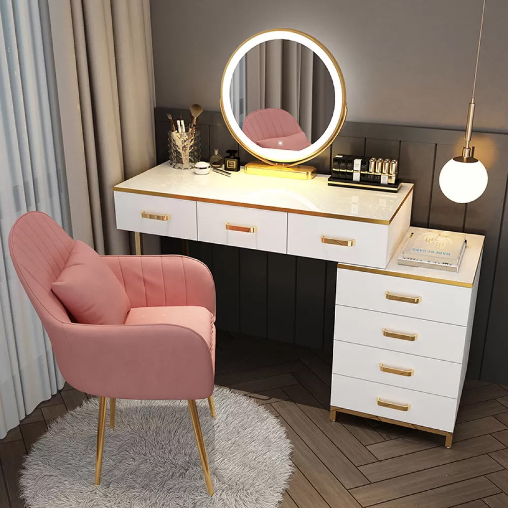 Modern Dressing Table Bedroom Stone Lighted Mirror Make-up Vanity Makeup Vanity & Mirror & Stools Red Clearhalo 'Bedroom Furniture' 'furn' 'furn_makeup_vanities' 'Furniture' 'Makeup Vanities' 'makeup_vanities' 7412683