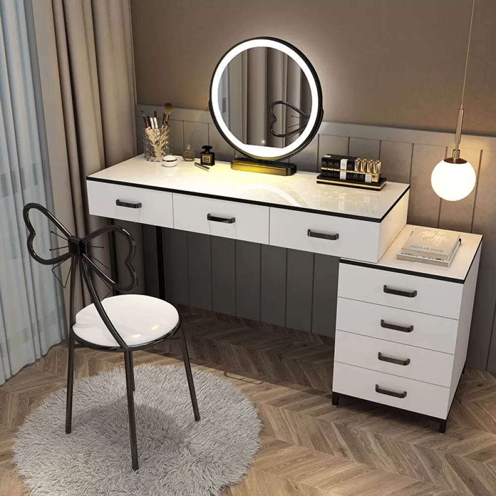 Modern Dressing Table Bedroom Stone Lighted Mirror Make-up Vanity Makeup Vanity & Mirror & Stools 47"L x 16"W x 30"H Black Clearhalo 'Bedroom Furniture' 'furn' 'furn_makeup_vanities' 'Furniture' 'Makeup Vanities' 'makeup_vanities' 7412685