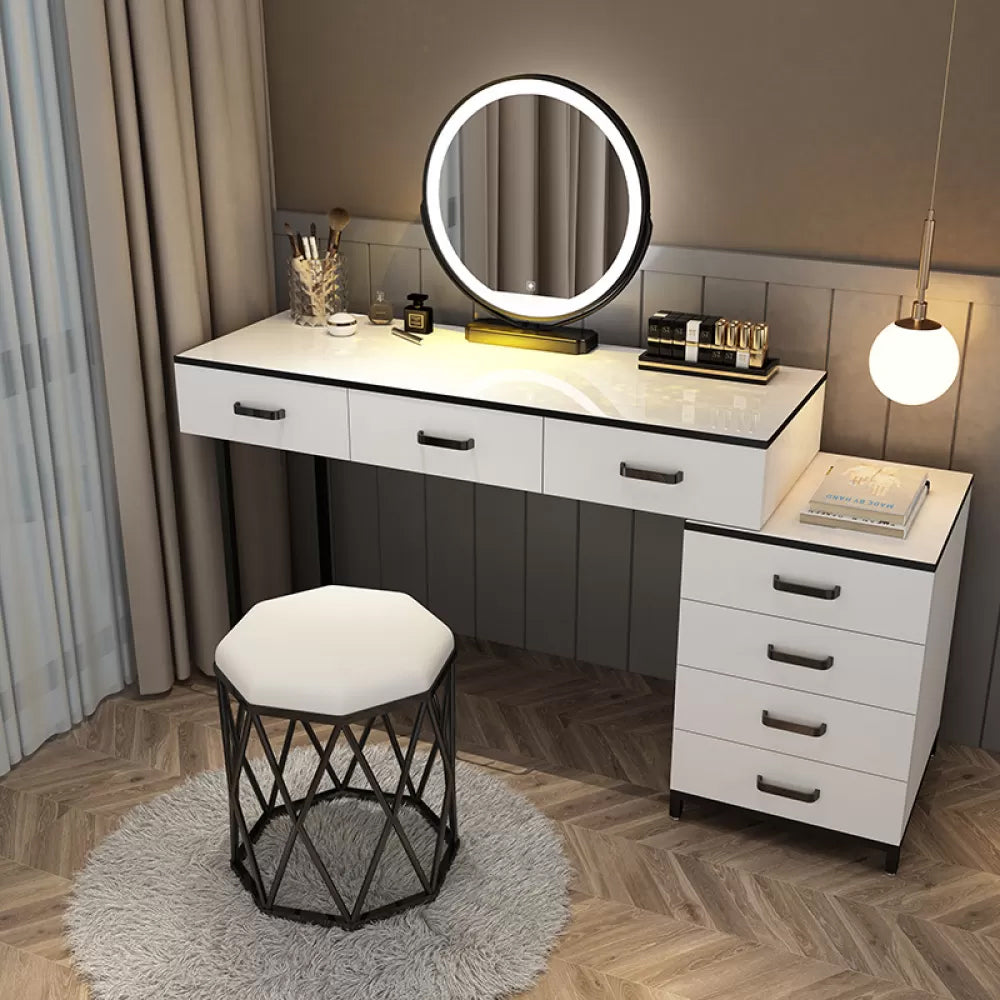 Modern Dressing Table Bedroom Stone Lighted Mirror Make-up Vanity Makeup Vanity & Mirror & Stools 47"L x 16"W x 30"H White Clearhalo 'Bedroom Furniture' 'furn' 'furn_makeup_vanities' 'Furniture' 'Makeup Vanities' 'makeup_vanities' 7412689
