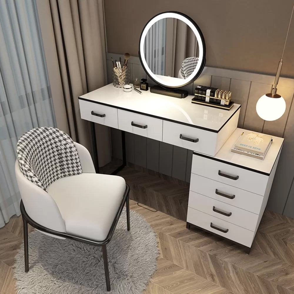 Modern Dressing Table Bedroom Stone Lighted Mirror Make-up Vanity Makeup Vanity & Mirror & Stools 47"L x 16"W x 30"H Houndstooth Clearhalo 'Bedroom Furniture' 'furn' 'furn_makeup_vanities' 'Furniture' 'Makeup Vanities' 'makeup_vanities' 7412690