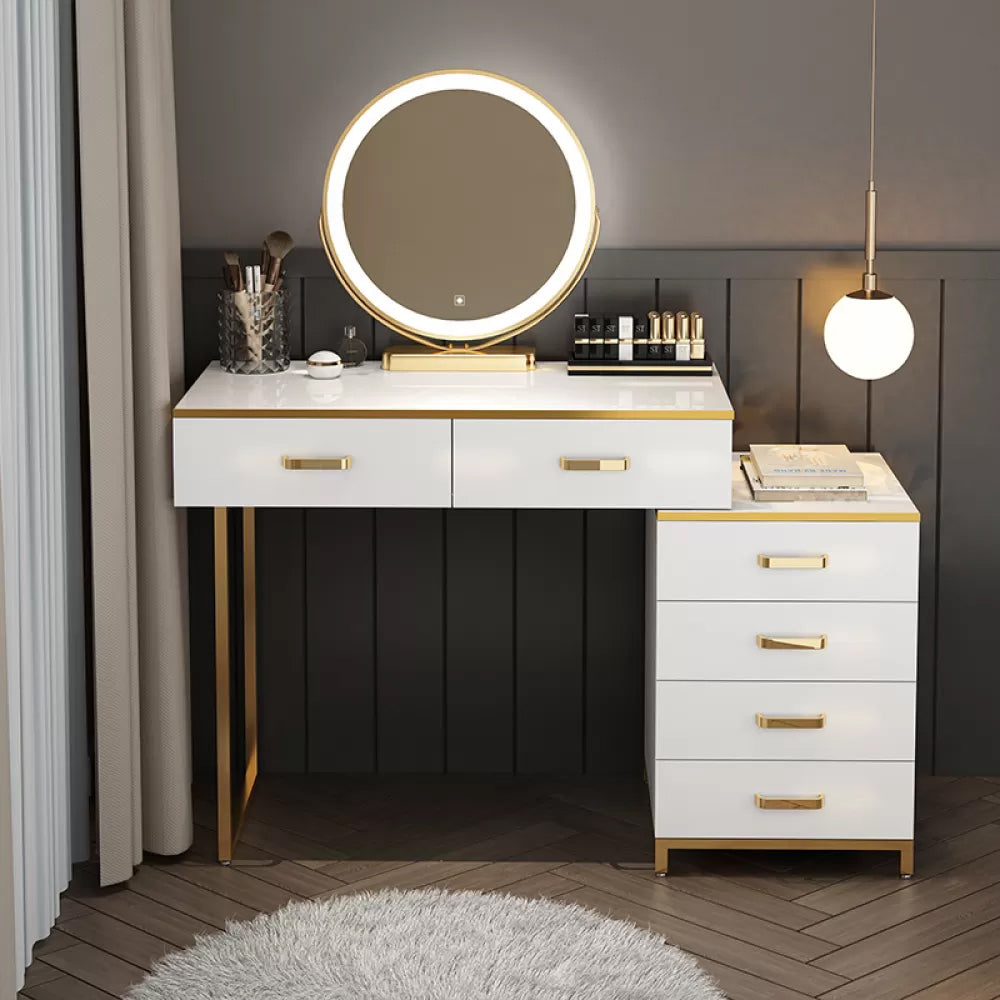 Modern Dressing Table Bedroom Stone Lighted Mirror Make-up Vanity Makeup Vanity & Mirror 31"L x 16"W x 30"H Unavailable Clearhalo 'Bedroom Furniture' 'furn' 'furn_makeup_vanities' 'Furniture' 'Makeup Vanities' 'makeup_vanities' 7412691