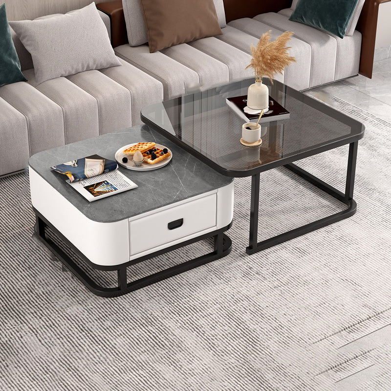 Frame Coffee Table Modern Slate Cocktail Table with Storage Drawers 28"L x 28"W x 18"H + 24"L x 24"W x 15"H Black Grey White Clearhalo 'Coffee & Accent Tables' 'Coffee Tables' 'coffee_tables' 'furn' 'furn_coffee_tables' 'Furniture' 'Living Room Furniture' 7414241