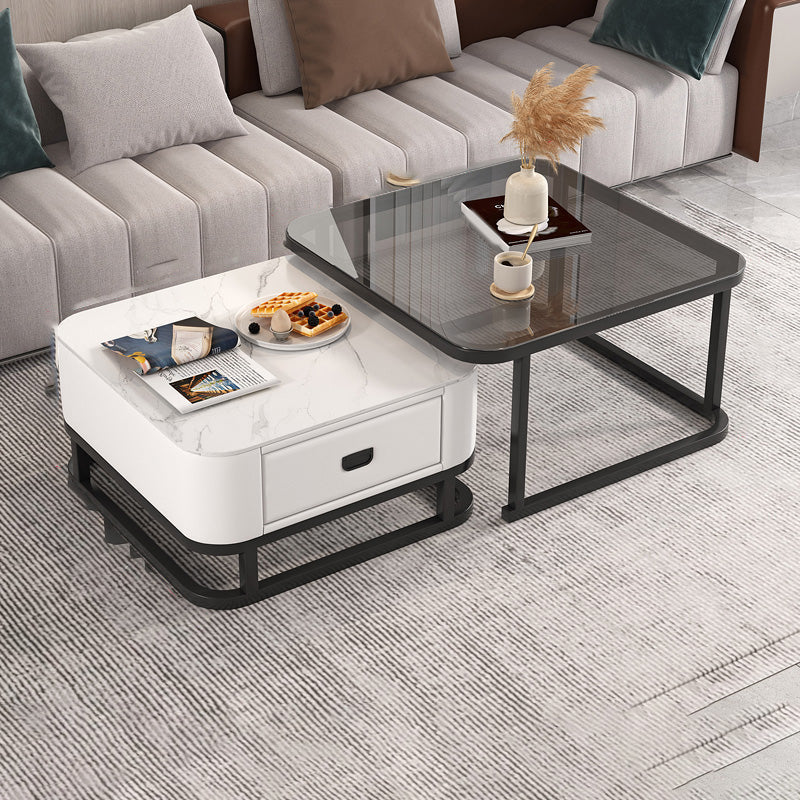 Frame Coffee Table Modern Slate Cocktail Table with Storage Drawers 28"L x 28"W x 18"H + 24"L x 24"W x 15"H Black White Clearhalo 'Coffee & Accent Tables' 'Coffee Tables' 'coffee_tables' 'furn' 'furn_coffee_tables' 'Furniture' 'Living Room Furniture' 7414242