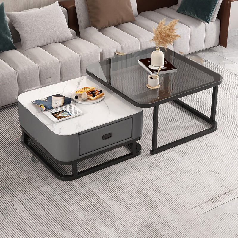 Frame Coffee Table Modern Slate Cocktail Table with Storage Drawers 28"L x 28"W x 18"H + 24"L x 24"W x 15"H Black White Grey Clearhalo 'Coffee & Accent Tables' 'Coffee Tables' 'coffee_tables' 'furn' 'furn_coffee_tables' 'Furniture' 'Living Room Furniture' 7414245