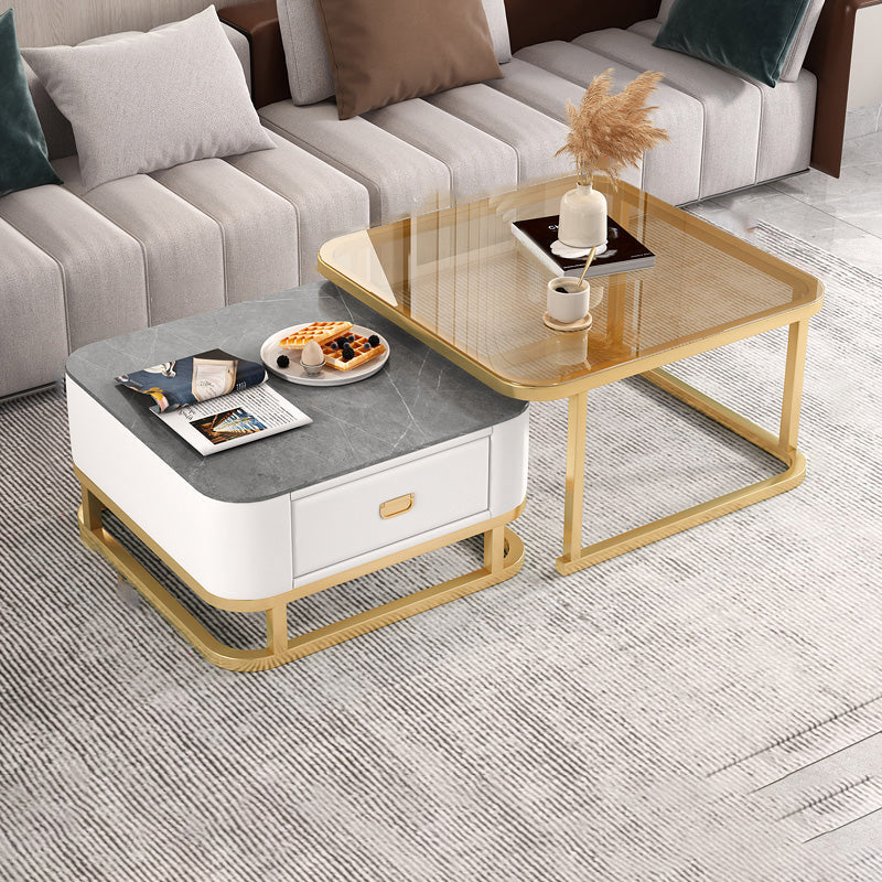 Frame Coffee Table Modern Slate Cocktail Table with Storage Drawers 28"L x 28"W x 18"H + 24"L x 24"W x 15"H Gold Grey White Clearhalo 'Coffee & Accent Tables' 'Coffee Tables' 'coffee_tables' 'furn' 'furn_coffee_tables' 'Furniture' 'Living Room Furniture' 7414246